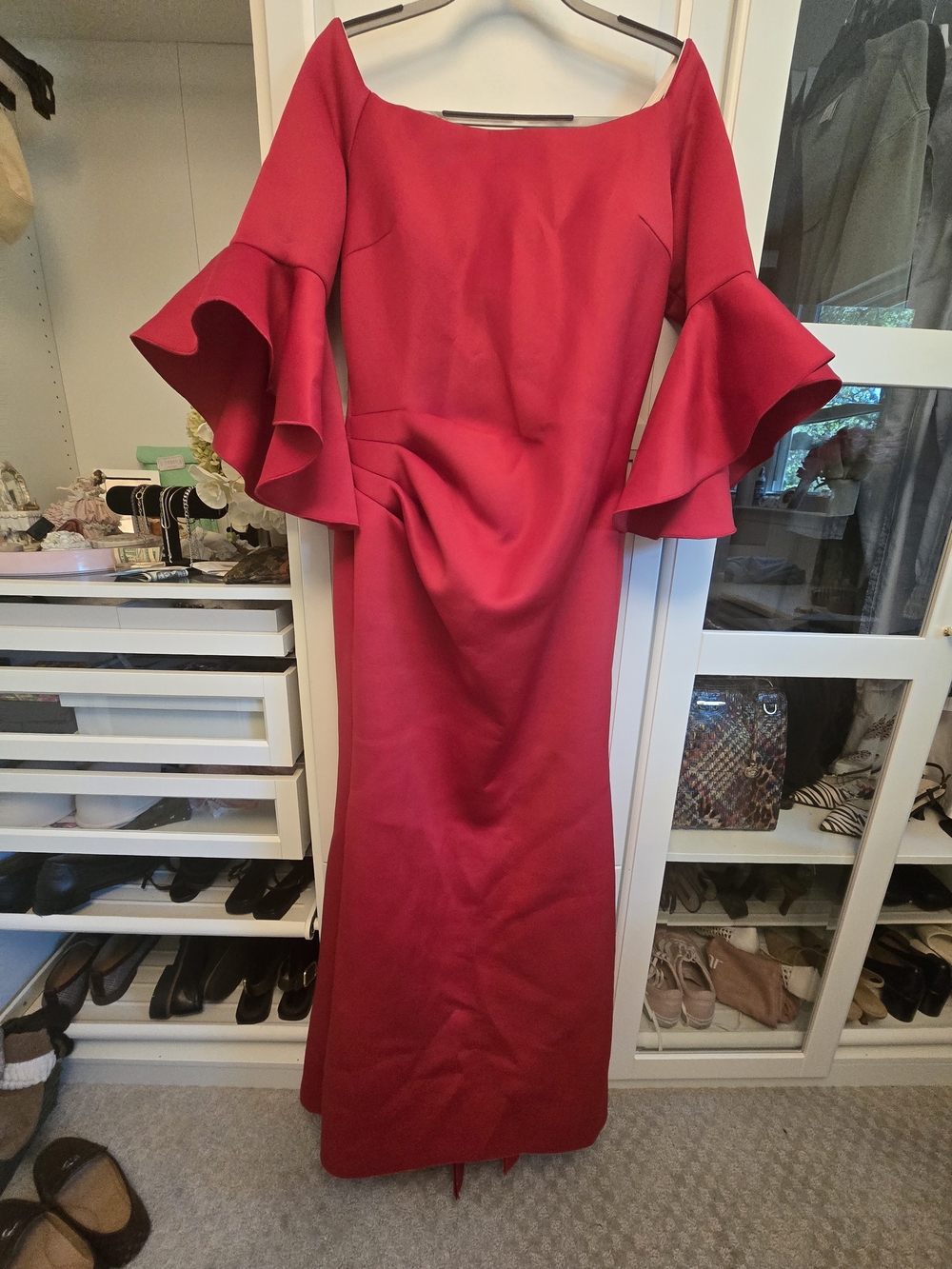 Red Off-Shoulder Maxi Dress with Ruffle Sleeves